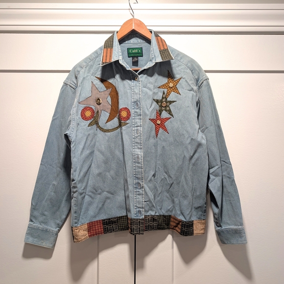 Vintage Jackets & Blazers - VINTAGE Country Plaid Stars Embroidered Denim Shirt Jacket Size Medium